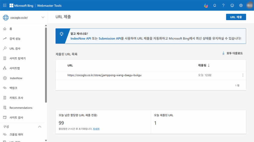 Bing 웹마스터도구 제출된 URL 목록 화면